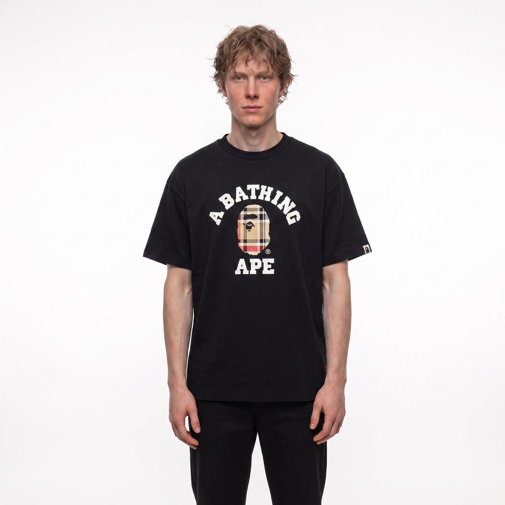 tričko BAPE Check College T-Shirt Black/Beige ADONIO