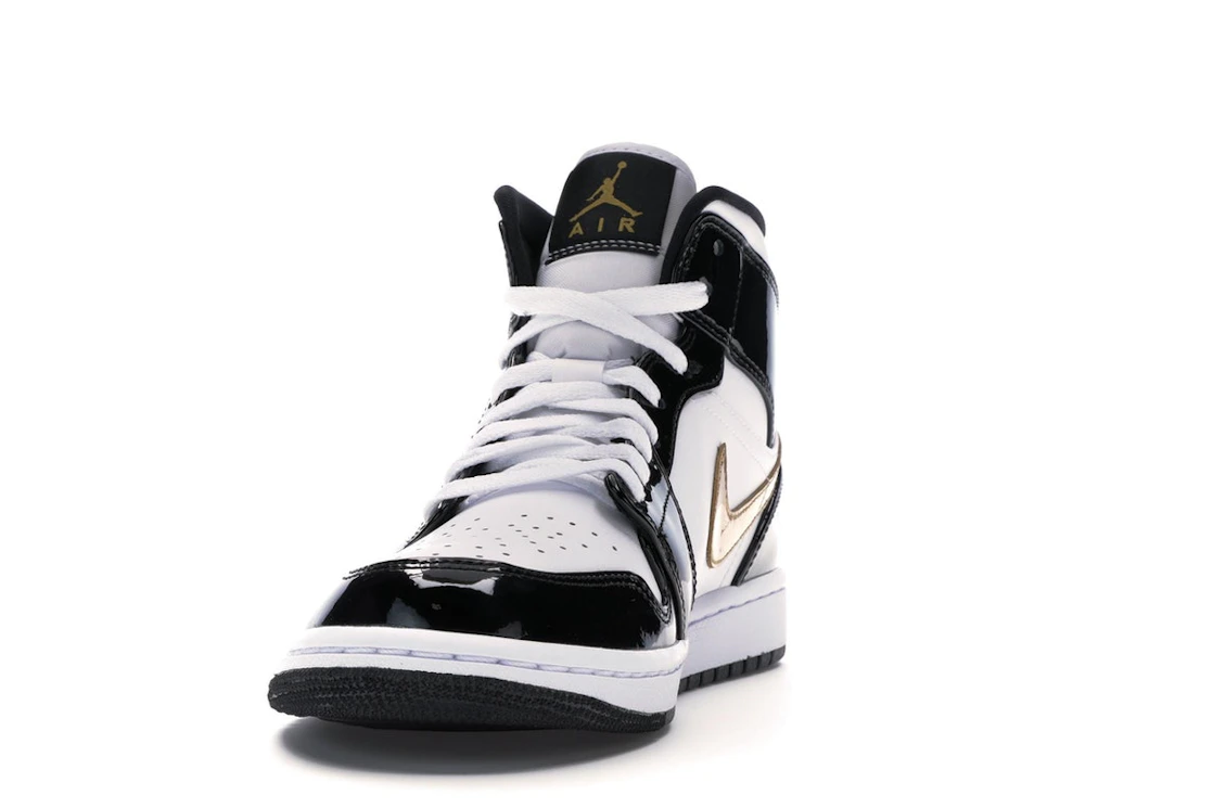 Jordan 1 Mid Patent Black White Gold