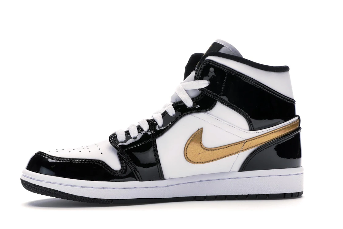 Jordan 1 Mid Patent Black White Gold