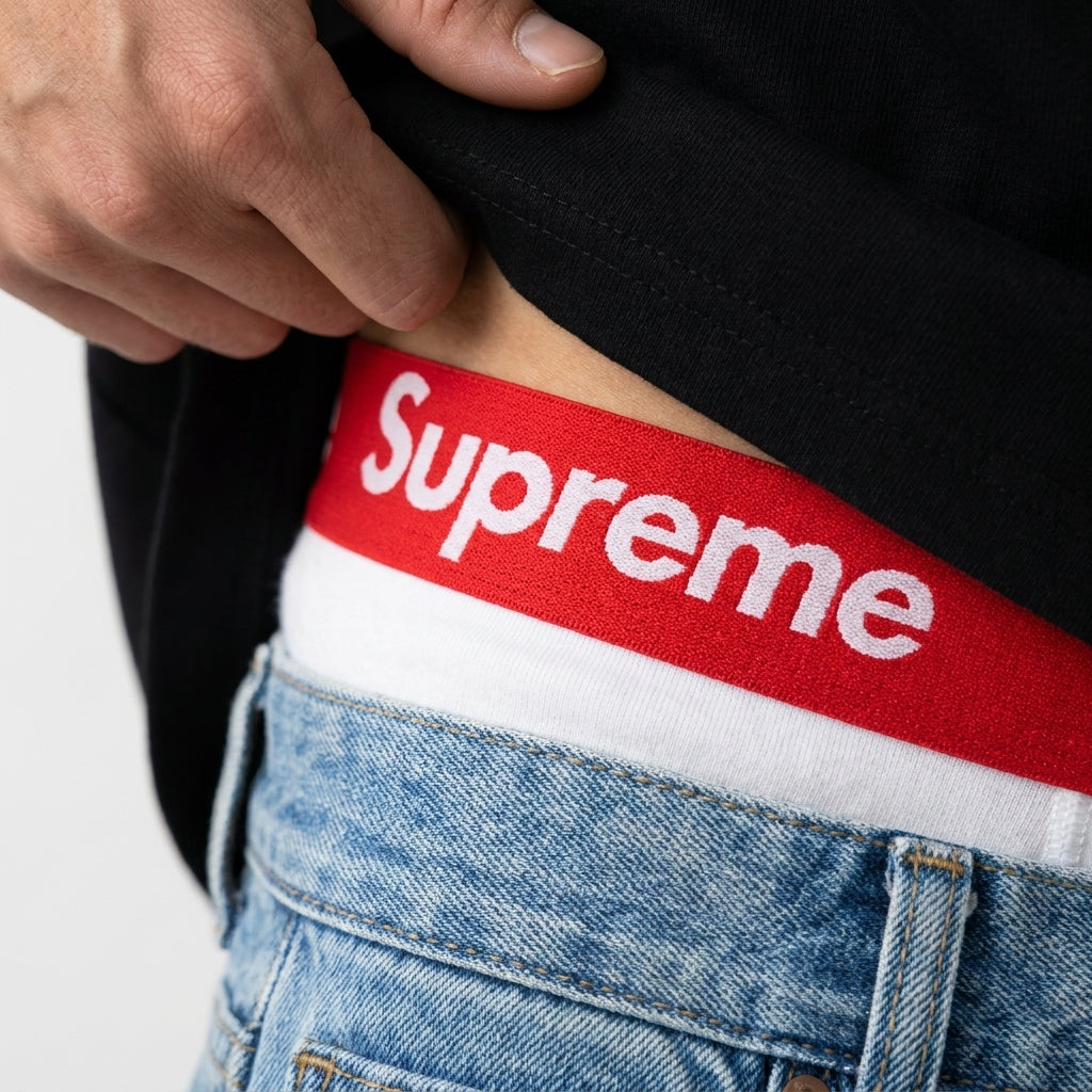 Supreme Hanes Boxer Briefs White – detail gumy, džíny